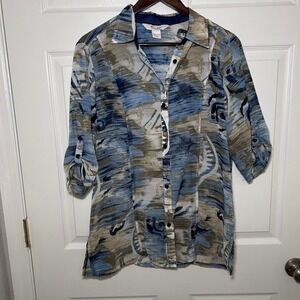 Tanjay Womens Abstract Blouse L Brushstroke Roll Tab Sleeve Button Up Blue Tan